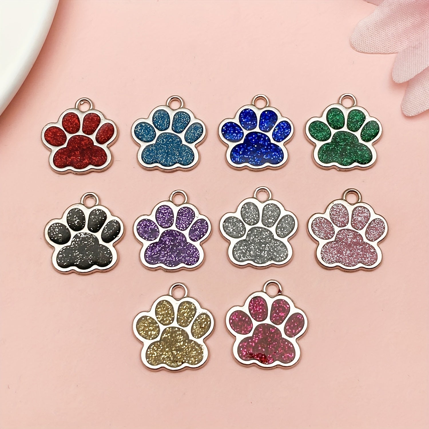 TEMU 10pcs Dog Paw Print Keychain Pendants - Colorful Glitter Enamel For , Cat & , Alloy Animal Footprint Charms For Necklaces & Bracelets, Dog
