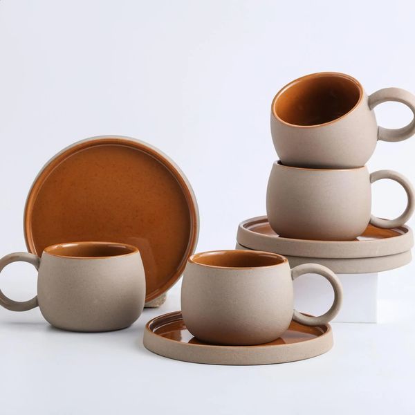 Ceramic coffee cup with sauce creative tea cup office coffee cup vintage afternoon tea cup simple gift for friends 241204