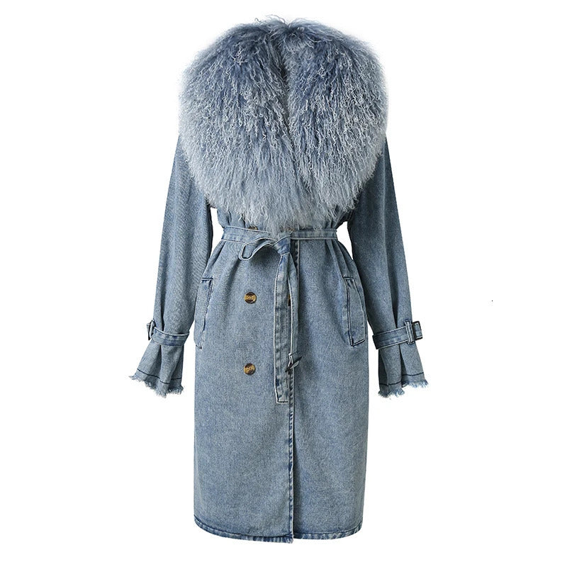 Womens Fashion Mongolian Fur Collar Denim Jacket Spring and Autumn Long Trench Coat with Detachable 241206