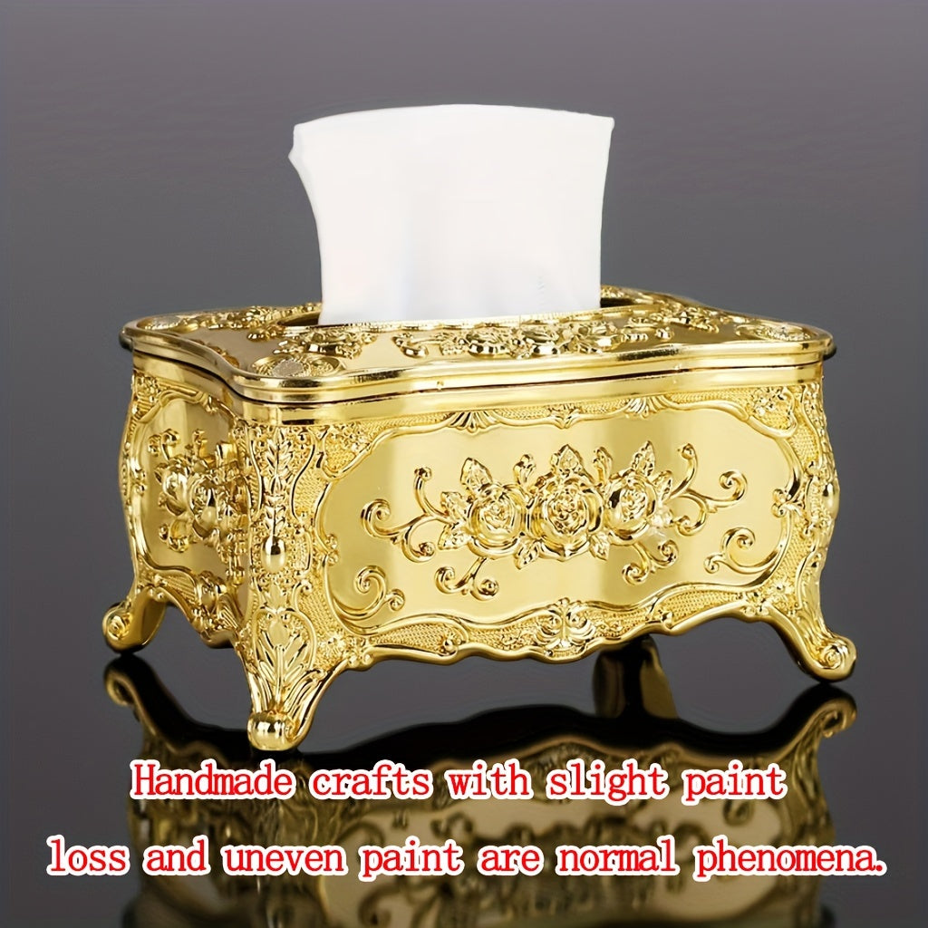 TEMU 1pc European Floral Golden Tissue Box Holder - Plastic Painted Rectangular Bathroom & Living Room Decor, Compact Desktop Storage For Napkins &