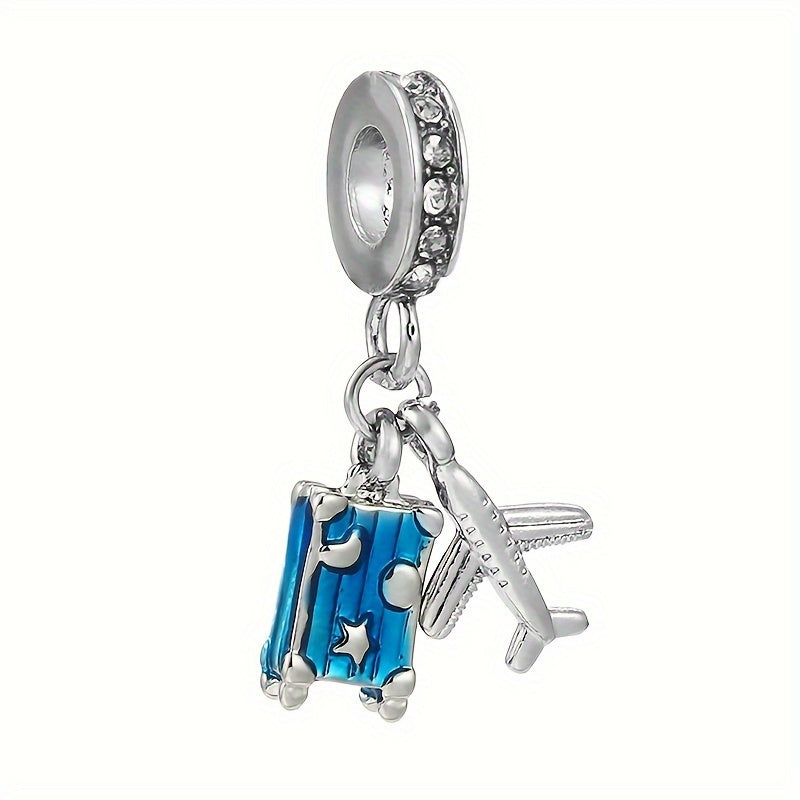 TEMU A Zinc Alloy Golden Travel Amulet Pendant, Featuring A Silvery Airplane And Blue Luggage Design, Fashionable Suitable For Bracelets And