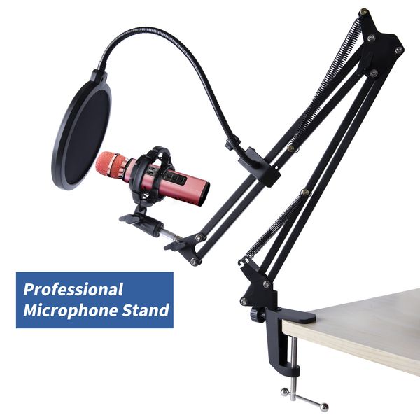 Microphone Stand for Professional Live Streaming Mic Boom Adjustable Articulated Arm with Pop Filter Shock Mount Desk Clamp