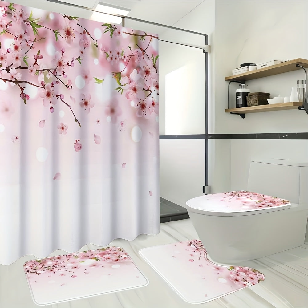 TEMU 1-4pcs Pattern Bathroom Set, Barrier Multi Functional Shower Curtain With 12 Hooks, Non Slip Bathroom, Toilet U-shaped, Toilet Lid, Bathroom
