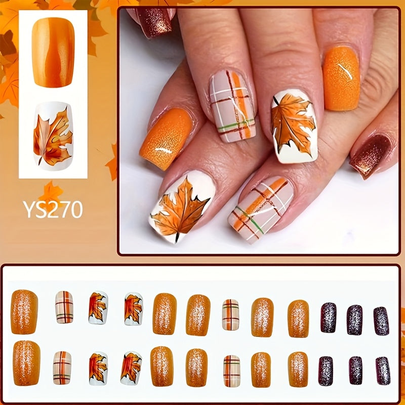 TEMU 24pcs Autumn & -on Nails Set, Short Square Glossy, & Maple Leaf Design, Includes 1pc Jelly Glue & 1pc Nail File, Women' Nail Art Decor, Mixed