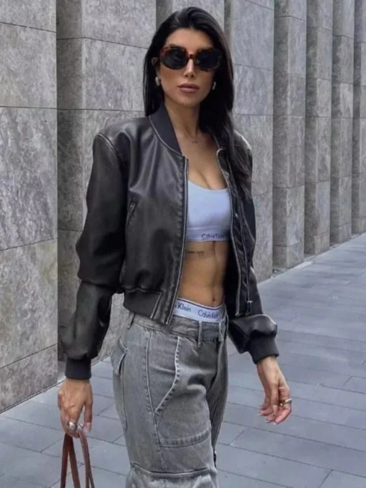 ZBZA Womens PU Leather Jacket Solid Long Sleeve Crew Collar Zipper Pocket Bomber Short Coat Autumn-Winter Womens Top 241118