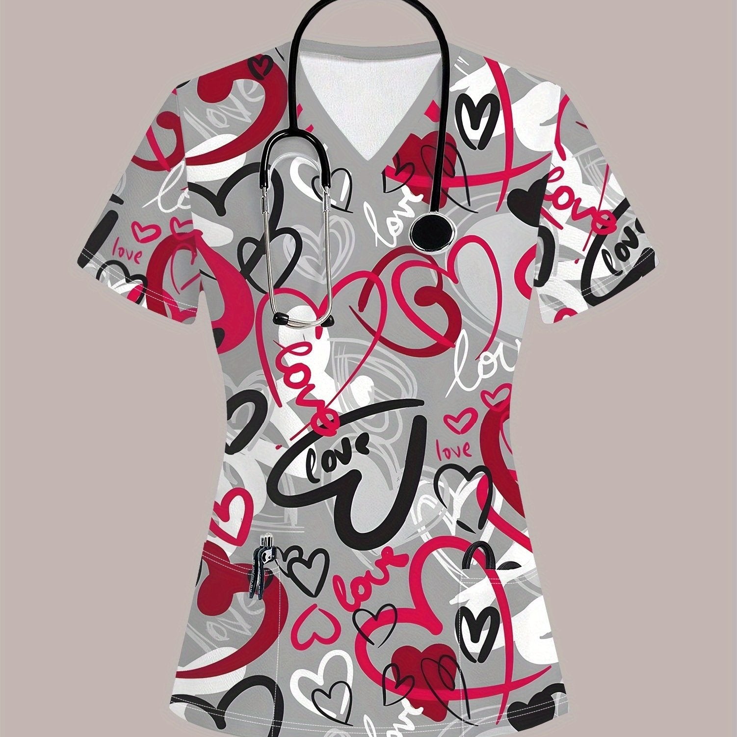 TEMU Women's Casual V-neck Short Sleeve T-shirt With Floral Print - Stretchy Polyester Top, Machine Washable, Brown With Red Accents, Pockets &