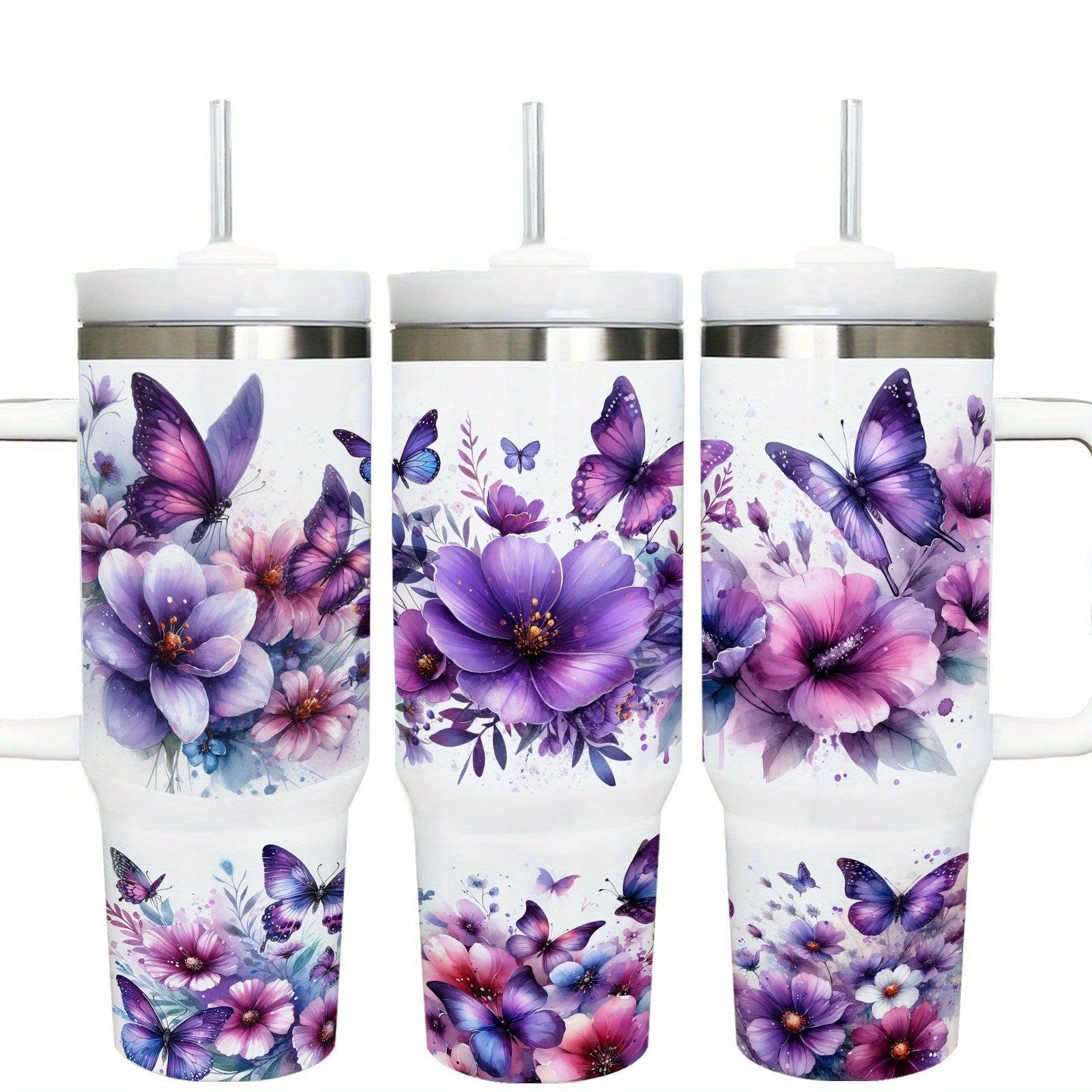 TEMU 1pc 40oz Stainless Steel Tumbler With Handle And Straw, Purple , Double Wall Insulated Travel Mug, Coffee Drinks, Oval Shape Non-slip, Perfect