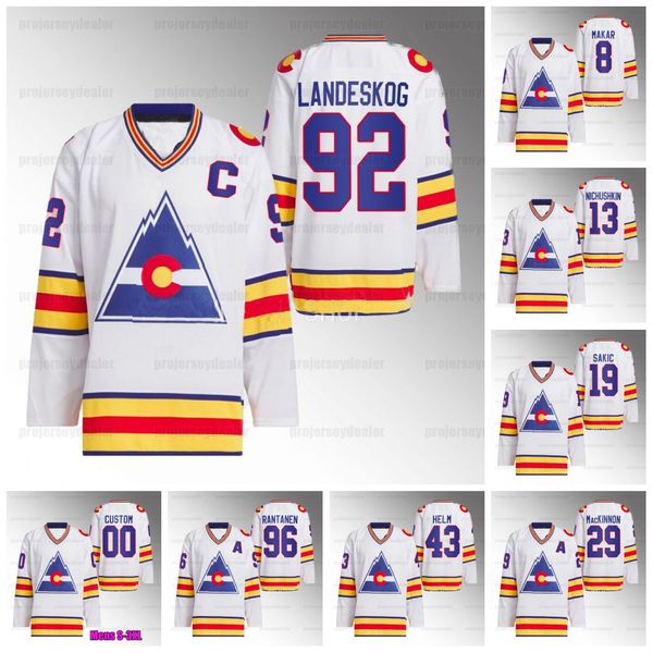 Avalanche Team Classic 1977 Hockey White custom Jersey 96 Mikko Rantanen 29 Nathan MacKinnon 56 Kurtis MacDermid 8 Cale Makar 13 Valeri Nich