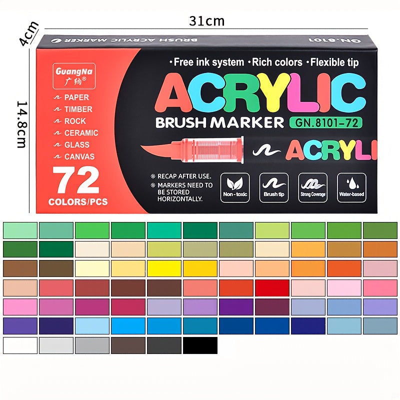 TEMU 36-48-72 Colors Acrylic Brush Markers, Soft Brush Tip Acrylic Pens For Stone, Wood, Glass, Rock Painting, Ceramic, Diy Crafts Art Supplies
