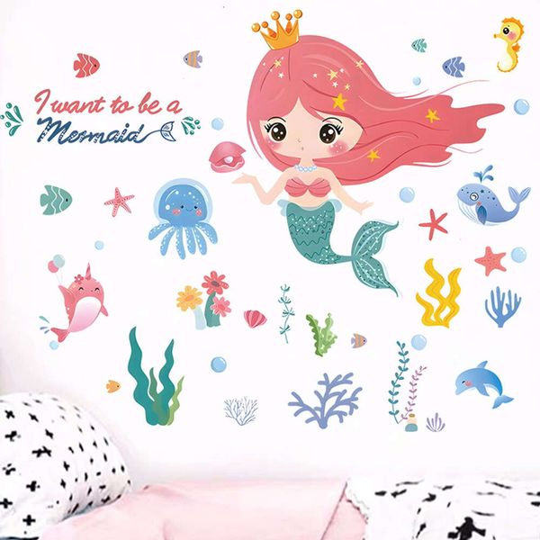 Cartoon Mermaid Underwater Creatures Fish Wall Stickers for Girl Kids Room Baby Nursery Wall Decals Home Decorative Stickers Pvc