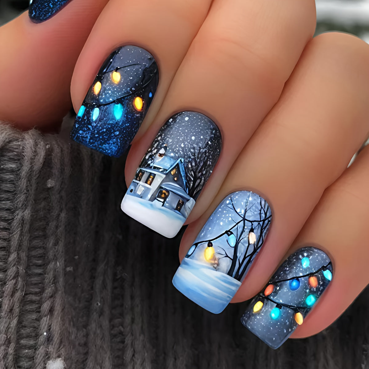 TEMU 24pcs Festive Christmas Snowy House & Press-on Nails - Glossy Finish, Removable & Easy To Apply, Holiday Nail Art & Daily Wear, Christmas Nail