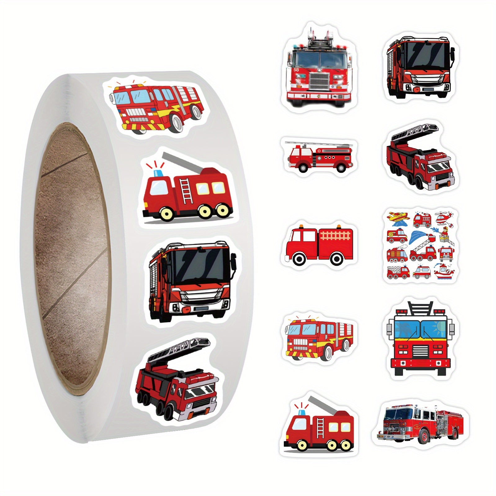 TEMU 500pcs Fire Truck Stickers Roll, Cute Cartoon Engine Vehicles Vinyl Waterproof Stickers For Party Decor Water Bottle Laptop Refrigerator