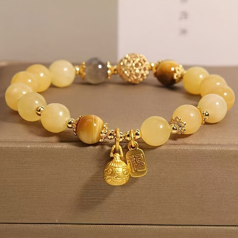 TEMU Elegant Citrine Bead Bracelet With Golden Charm - Vintage Style Women' Accessory For Casual Attire & Gifting