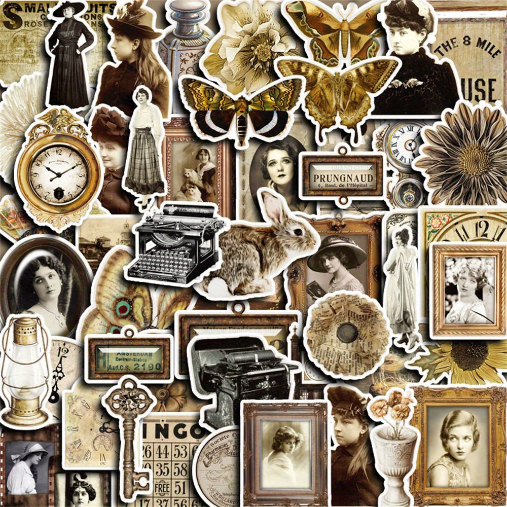 TEMU 50pcs Vintage-inspired Mixed Color Paper Stickers, Reusable Retro Dusk Themed Decals For Scrapbooking, Diy Crafts, Laptop & Stationery