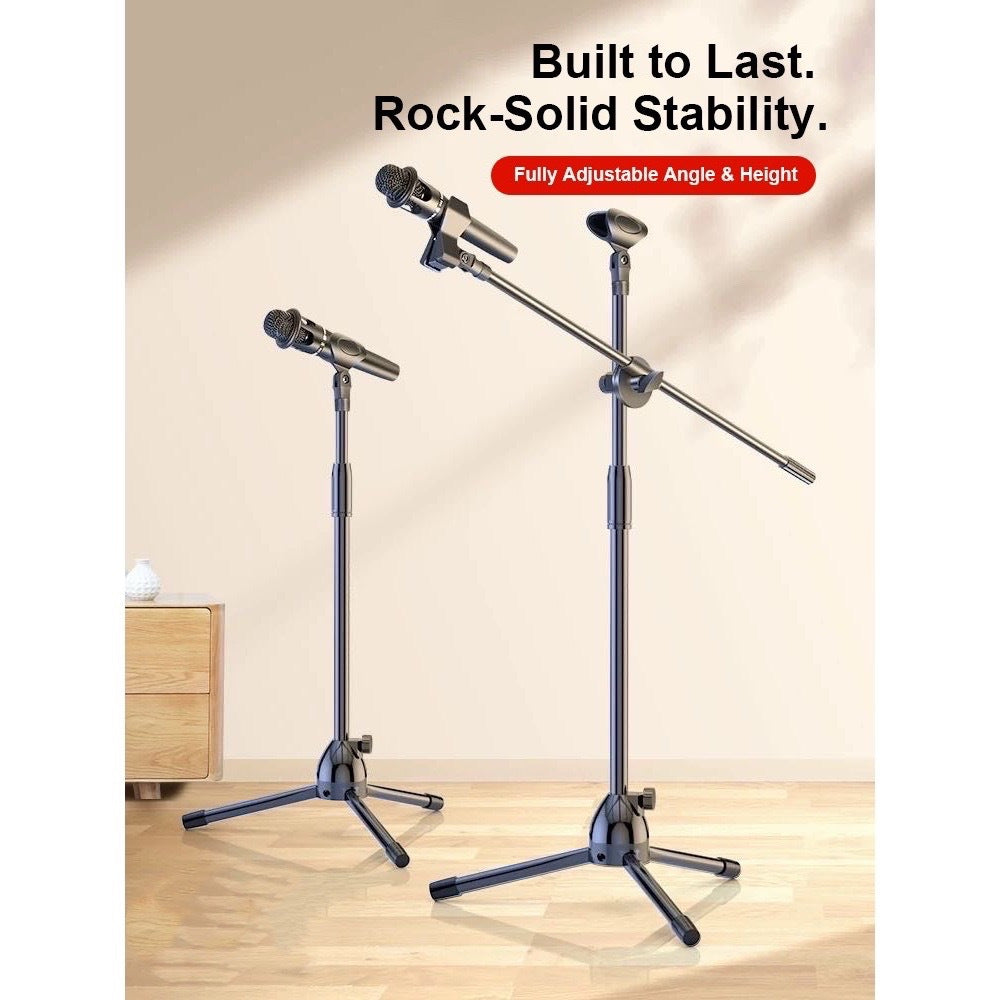 TEMU Adjustable Tripod Microphone Stand With Boom Arm – Professional Mic Stand For Studio Recording, Podcast, Live Performance, Stage, And Rehearsal