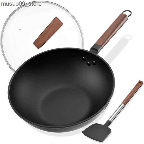 Other Cookware Carbon Steel Wok - Including Glass Cover and Silicone Spatula 13-Inch Woks Stir-Fry Pans for Induction Electric Gas Stoves L2