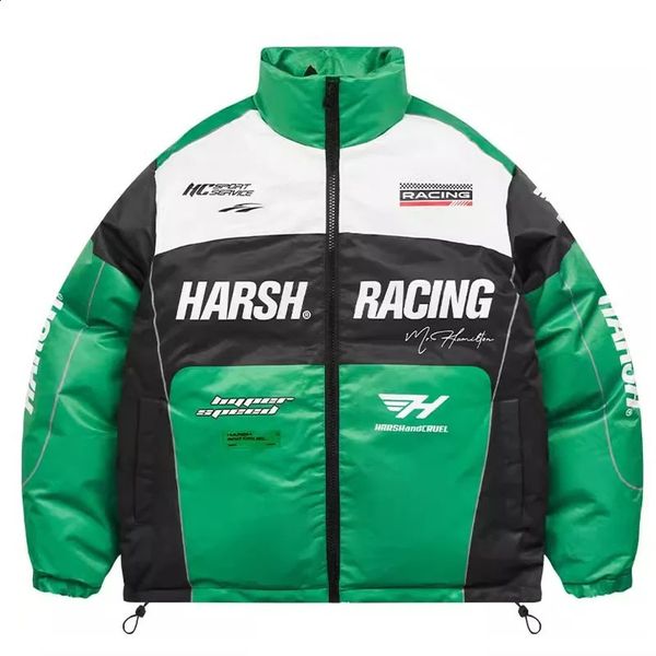 Hip Hop Racing Parkas Men High Street Patchwork Letter Print Motorcycle Padded Jacket Y2K Oversize Warm Bubble Puffer Coats 240812