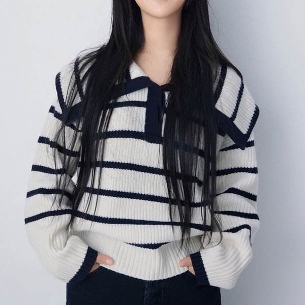 Preppy Style Women Stripes Sweater Sailor Collar Long Sleeve Spring Ladies Jumper with Buttons 240812