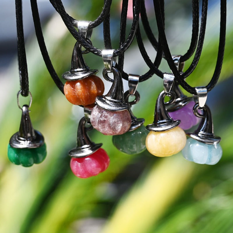 TEMU 10pcs Halloween Hat Pumpkin Artificial Pendant Set -5pcs Pendants+5pcs Necklace, Party Accessory With Purple, Orange & Yellow Gemstones, Perfect