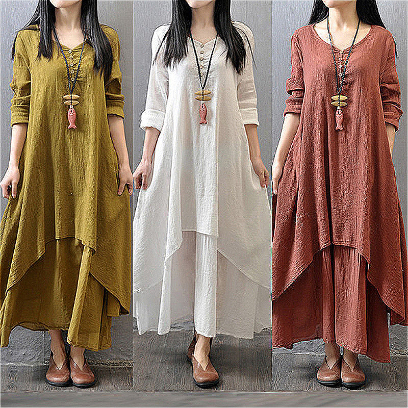 286 Spring and Autumn Fake Two-piece Long Skirt Artistic Swing Linen Dress Loose Long Sleeve Cotton and Linen Skirt