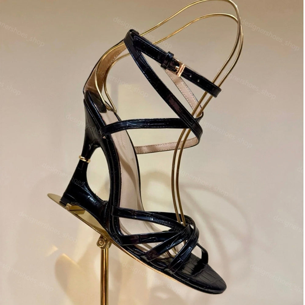 Paradis Cutout Croc-effect Patent-leather Sandals Super High Hollow heel Open Toes shape adjustable Buckle ankle-strap women Genuine Leather Cage sa