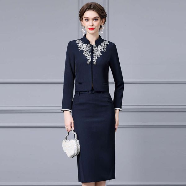 New Chinese Style Hand Embroidered Small Stand Up Collar Short Coat with Belt Half Body Bag Hip Skirt Two Piece Set 2024 Autumn Novelty Deni