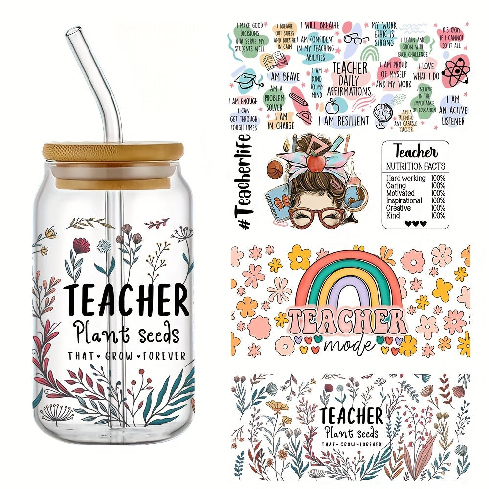 TEMU 4pcs Teacher Uv Dtf Cup Wraps Decals Waterproof Transfer Stickers Dly Flash For Helibbey Glass 160z Cup Wraps Fashion Women Decals Diy Crafts