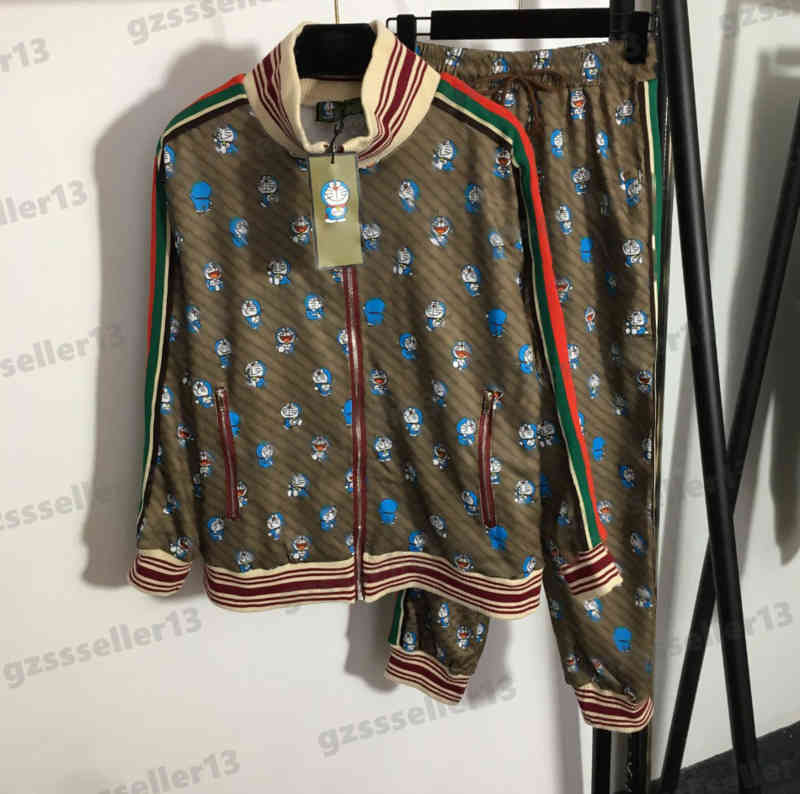 Womens Tracksuits Fashion Cartoon Letter Print Designer Two Piece Sets Stand Collar Long Sleeve Zip Jacket And Webbing Pants Jogging Suit Size S-XL