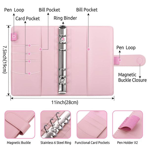 2023 A6 PU Leather Budget Binder Notebook Cash Envelopes System Set With Binder Pockets for Money Saving Bill Organizer Pink
