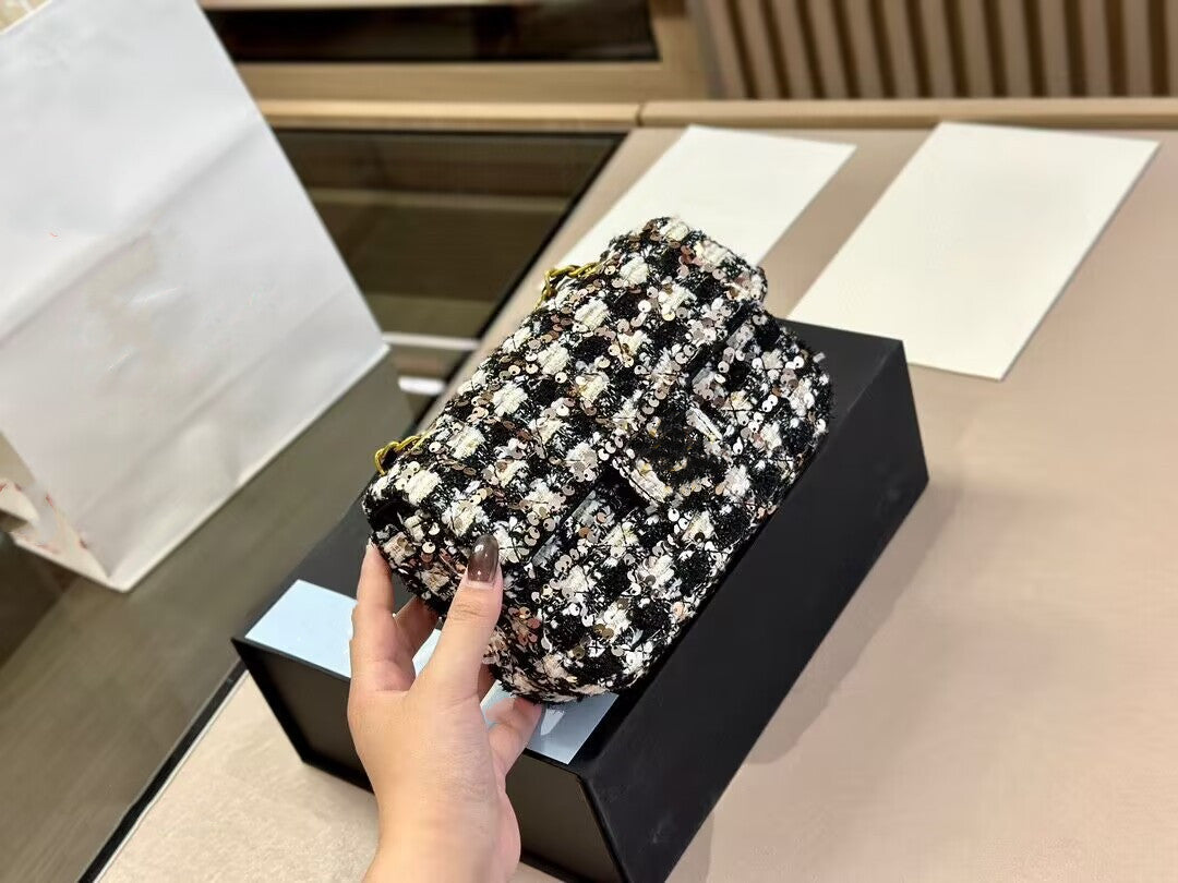 Knitting Wool Tweed Designer Green Classic Double Flap Bag Gold-Silver Metal Hardware Chain Women Crossbody Shoulder Handbag Fashion Purse Tote 20-2