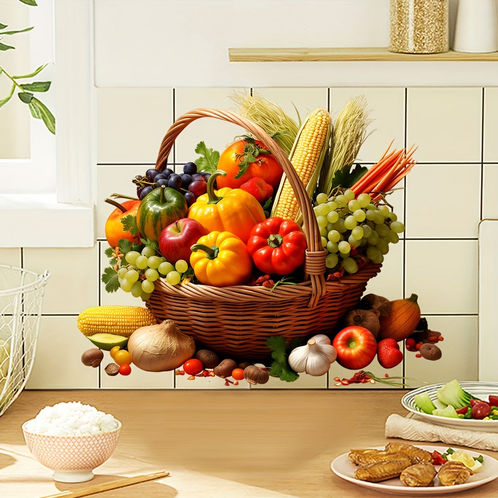 TEMU 1pc Contemporary Fruit & Vegetable Basket Wall Decal - Reusable, Easy-to-remove Pvc Sticker With Glossy Finish, Kitchen Decor, Self-adhesive, No
