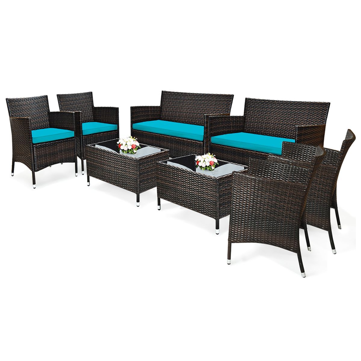Rattan Outdoor 8-Piece Patio Furniture Set - Patio Furniture Set-Turquoise