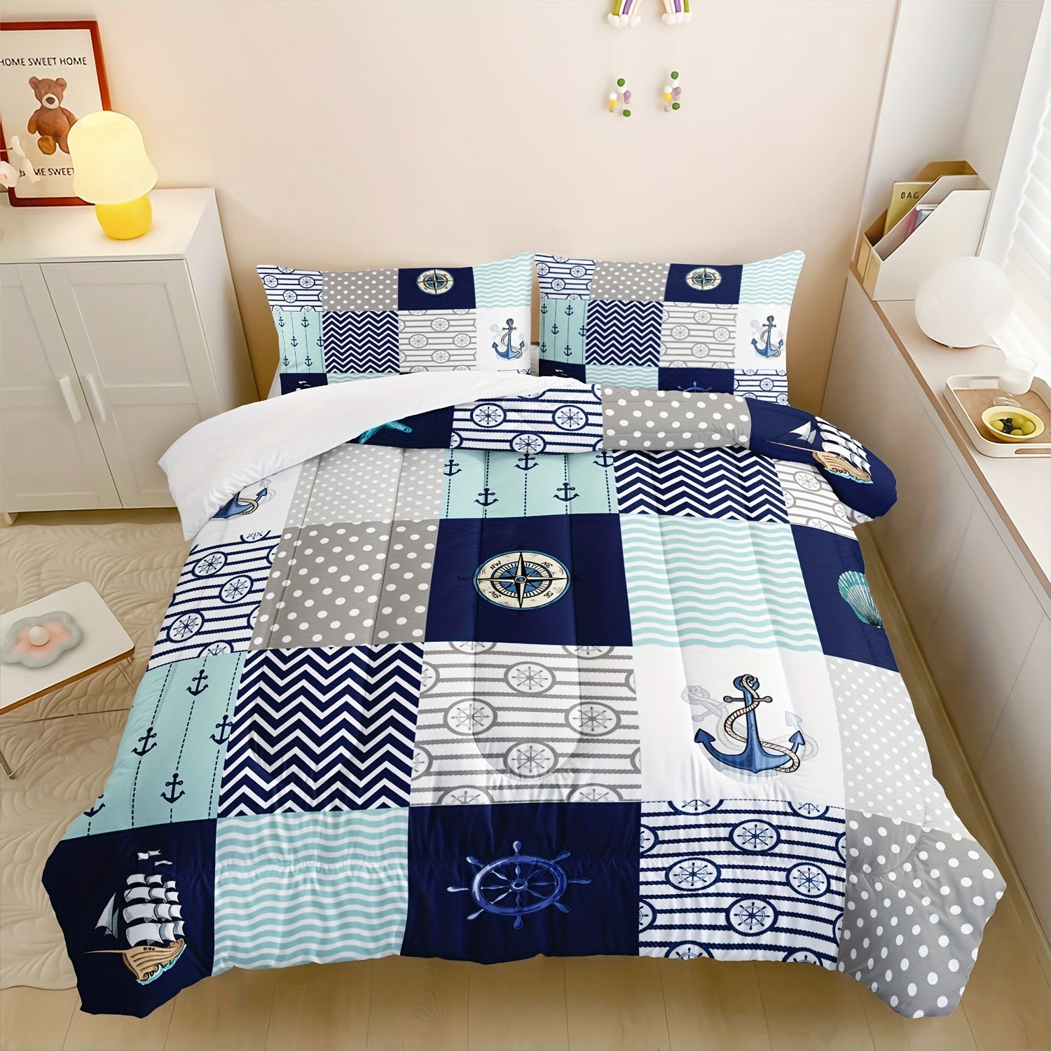 TEMU 3pcs Modern Fashion Polyester Comforter Set (1*comforter + 2*pillowcase, Without Core), Blue Nautical Theme Sailboat Anchor Print Bedding Set,