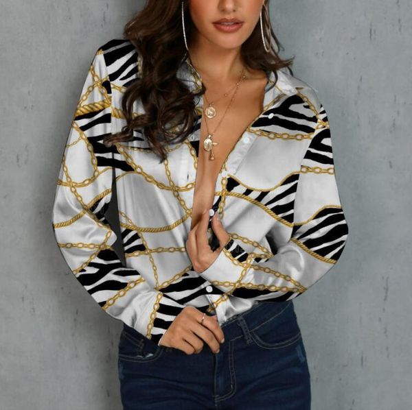 Women Fashion Wild Shirts Chain-Floral-Letter-Geometric Square Print Turn-Down Collar Long Sleeve Blouses