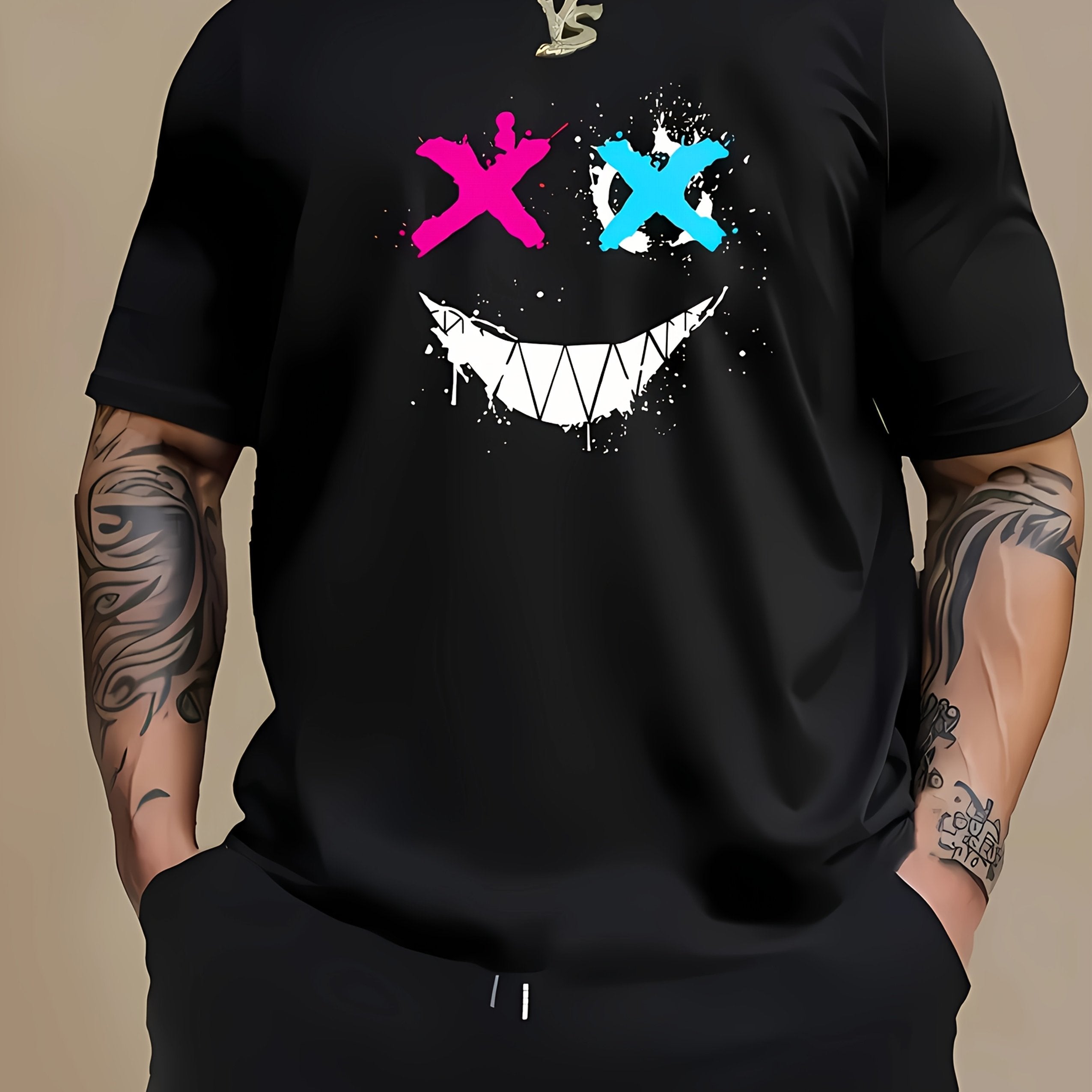 TEMU 100% Cotton T-shirt, Men's Personality, Happy Face Pattern, Men's Outdoor Casual Top, And Fashion Coexist