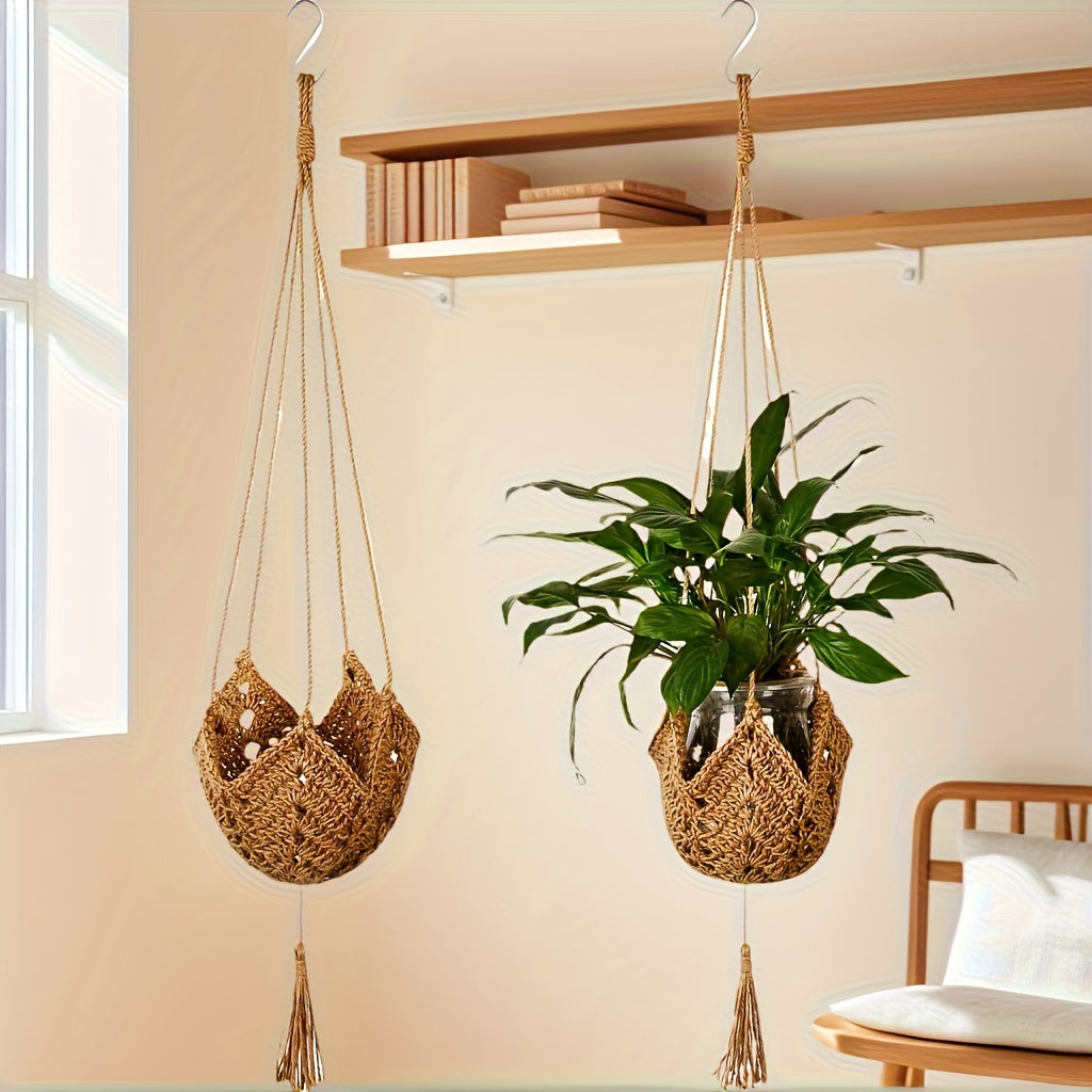 TEMU 1 Or 2pcs Bohemian Lace Plant Hanger With Tassels, Jute Crochet Wall Basket With Hooks, Indoor, Outdoor Garden.sturdy Twine Construction,