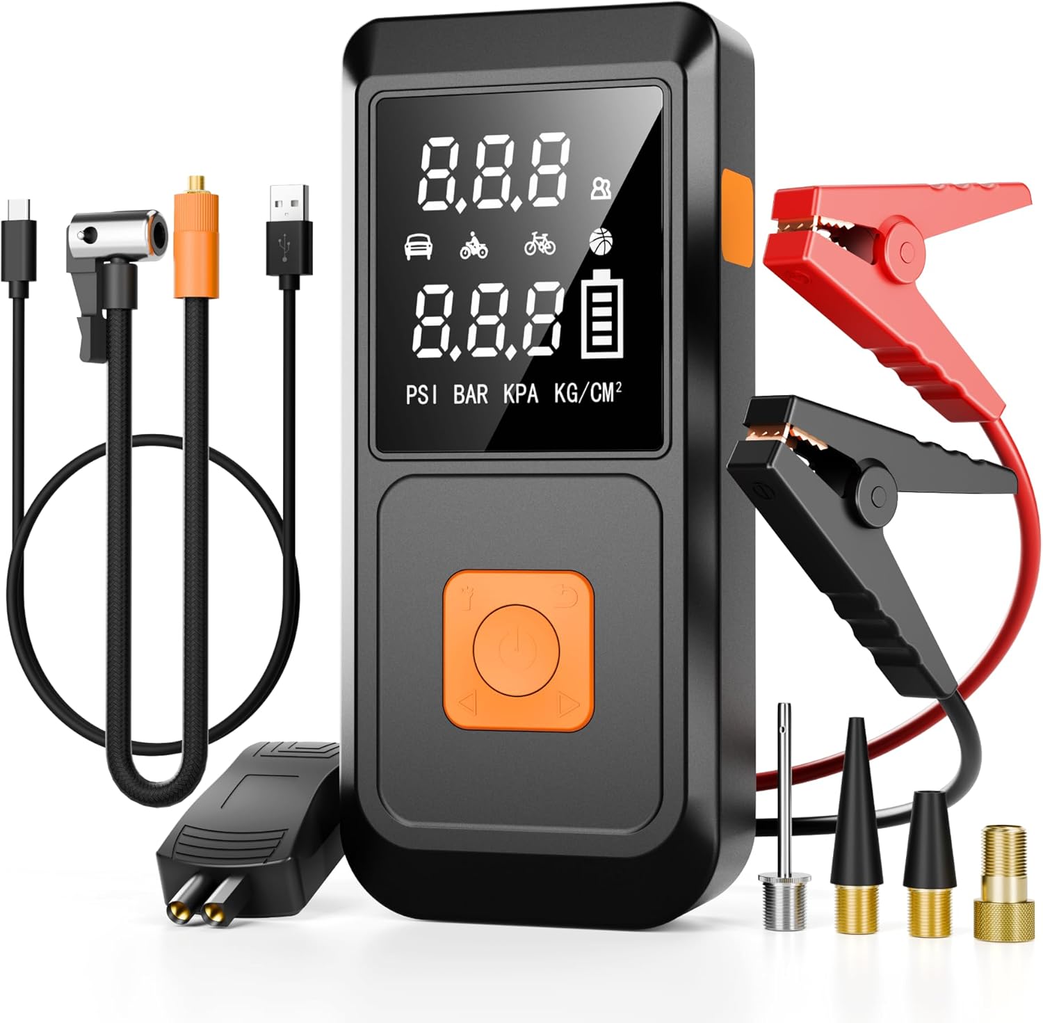 Portable car battery jump starter, 4000A 12V with air compressor and 150PSI tire inflator, car battery pack jump box tire pump with LCD display scre