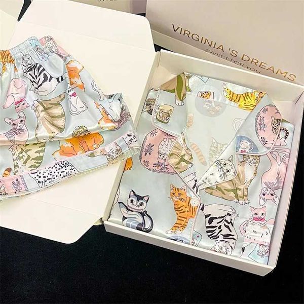 Cute Cat Print Pajamas Womens Spring Summer Ice Silk Slippery Short Sleeved Shorts Home Clothing Two Piece Set SleepwearC241213