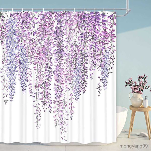 Shower Curtains Mauve Cherry Blossom Shower Curtain Purple Lilac Sakura Spring Flower Floral Geometric Girls Bathroom Set R230830