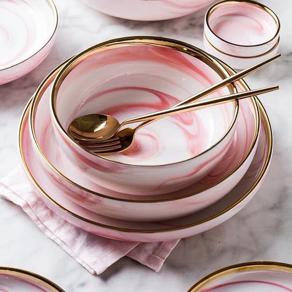 7PCS Set For 2 People Pink Marble Ceramic Dinner Dish Rice Salad Noodles Bowl Soup Plates Dinnerware Sets Tableware Kitchen Tool X250107