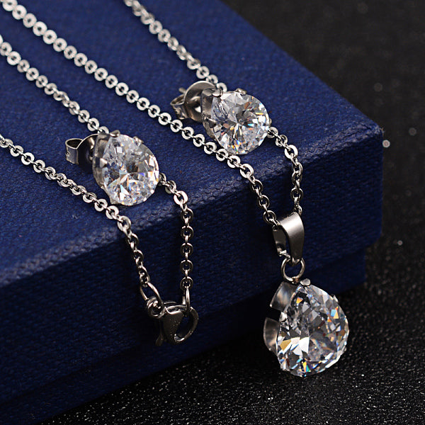 Collares y pendientes con colgante de circonita cúbica en forma de lágrima de acero inoxidable 304