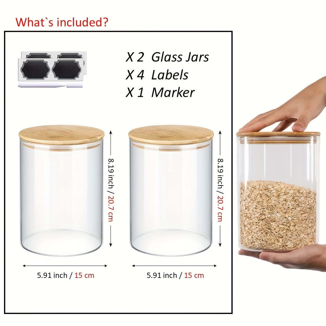TEMU Set Of 2 Large (101oz) Glass Canisters For Kitchen Counter With Airtight Bamboo Lids + Marker & Labels - Cookie Jars With Wooden Lid, Food