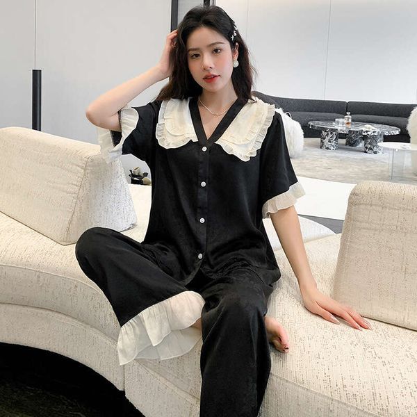 Satin Pamas Women&#039;s Summer Sweetheart Doll Neck Home Suit Ice Silk Short Sleeve Long Pants Sleepwear Two Piece Set For Outwear
