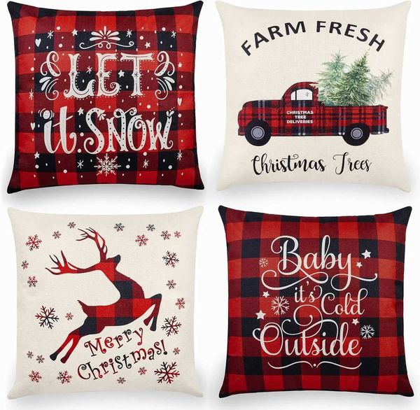 Pillow Case Christmas Throw Cushion Covers 18x18 Inch Set of 4 Linen Christmas cases Black and Red Buffalo Plaid Cases DecorC241109