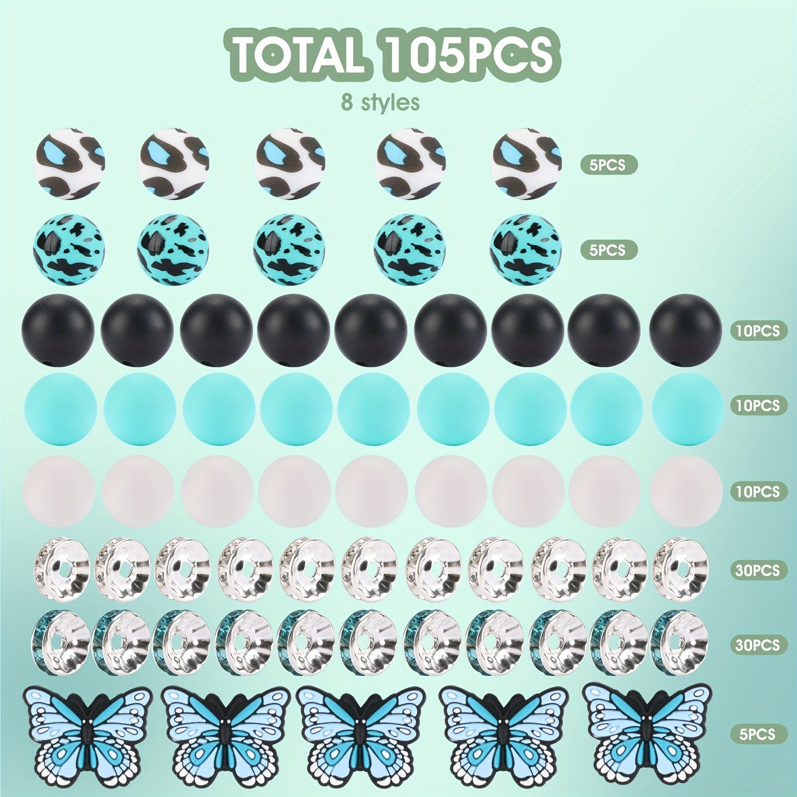 TEMU 105pcs Silicone Bead Craft Kit - Blue, White, & Black With Shapes & Accents For , Keychains & Pens - Includes Spacer Beads & Crafting Tools,