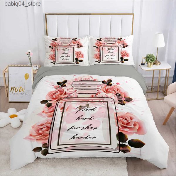 Bedding sets Perfume Floral Bedding Set Makeup Duvet Cover with case Fashion Girls Women Comforter Cover Set Pink Polyester Quilt Cover L240
