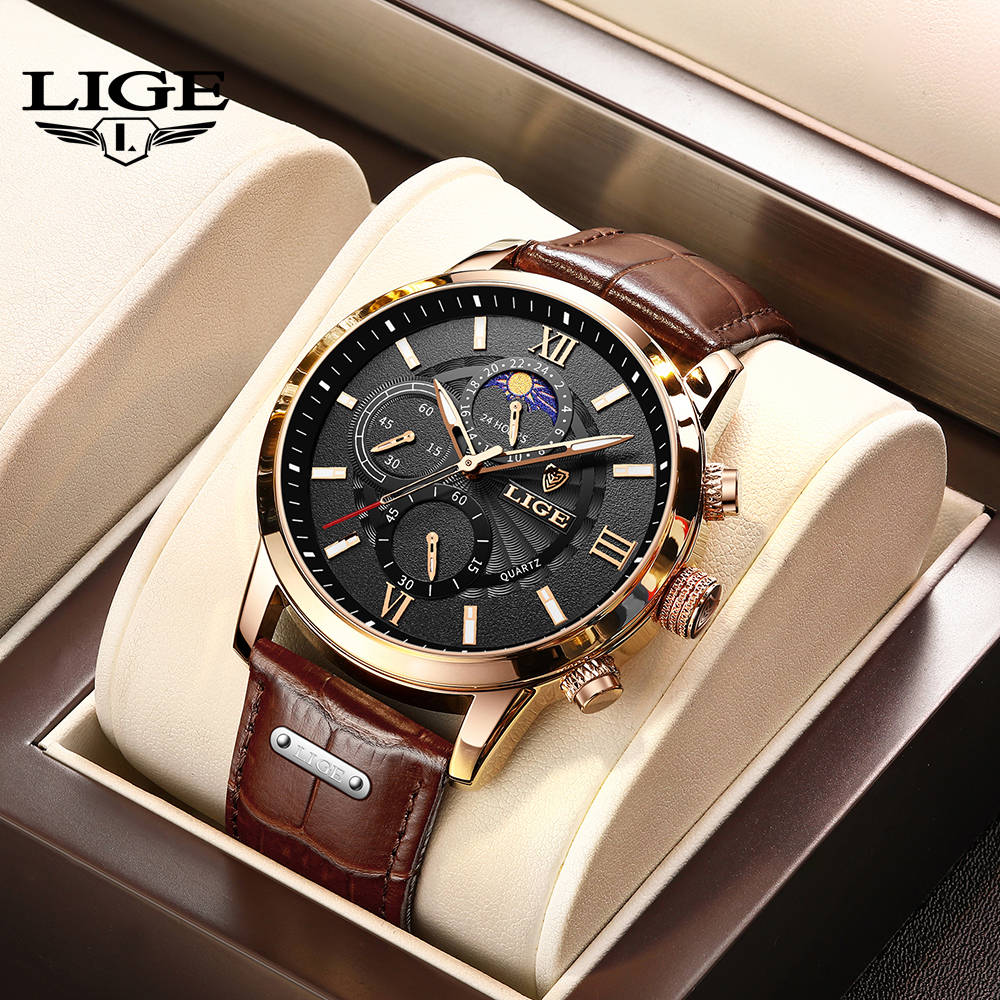 LIGE Men&#039;s Quartz Watch Business Luxury Brand watch Multi-functional waterproof watch Men&#039;s Leather watch Youth Clock Holiday