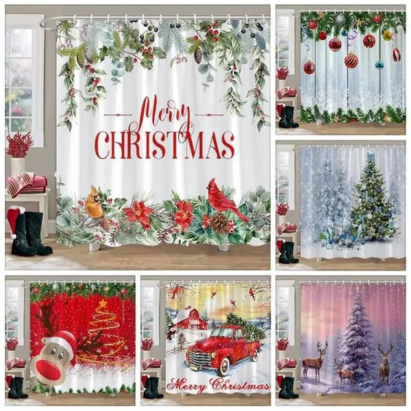 Merry Christmas Shower Curtain Winter Red Truck Snowman Reindeer Snow Farmhouse Shower Curtain Washable Polyester Bathroom Decor 241105