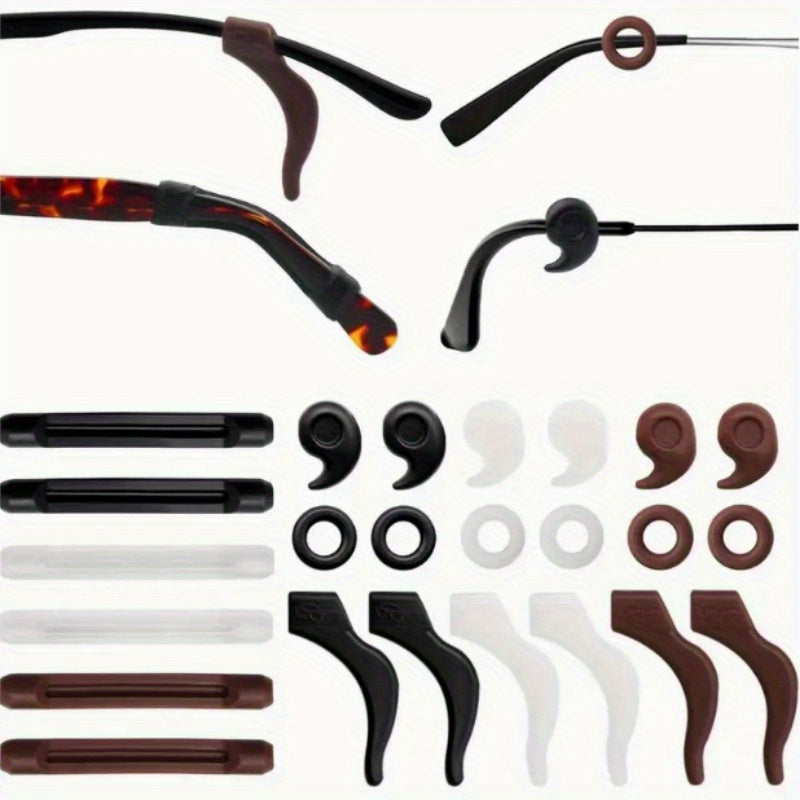 TEMU 12pcs Silicone Eyeglass Holders - Non-slip, Comfortable Sports & Study Glasses Retainers In Black, Clear, Brown - Includes Multiple Designs For