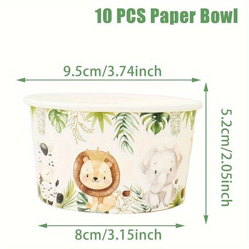TEMU 10pcs Jungle Animal Paper Bowls - Lion & Elephant Theme, Party Decor For Baby Showers, Birthdays, And Popcorn Snacks